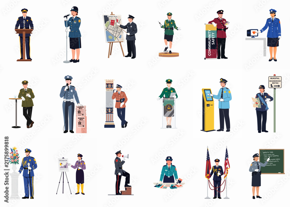 Fototapeta premium Flat vector illustration set of diverse people in professional uniforms and service roles isolated on a white background.