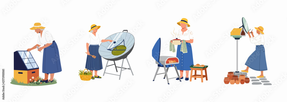 Fototapeta premium Vector illustration set of a woman using various solar-powered outdoor cooking and energy-saving devices for a sustainable and eco-friendly lifestyle.