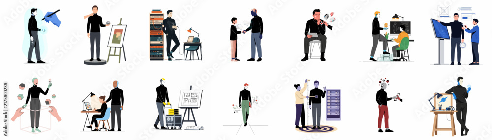 Fototapeta premium Collection of Flat Vector Illustrations Featuring People in Diverse Professional, Creative, and Collaborative Scenes and Work Environments