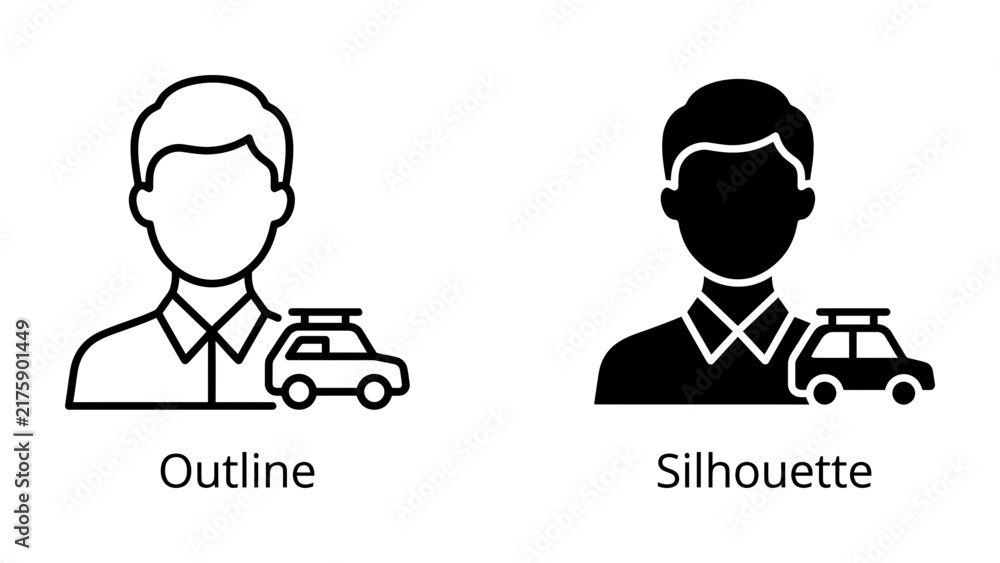 Fototapeta premium Driver and Car Icon: Two graphic representations, an outline and a silhouette, depict a person and a car with a roof rack, symbolizing travel and transportation services.
