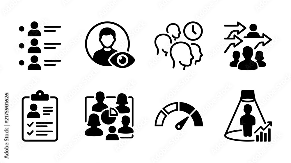 Obraz premium Human Resources Icons Set: A collection of minimalist icons representing key human resources functions including applicant tracking, candidate evaluation, team dynamics, recruitment process.