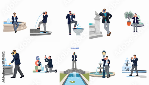 Set of flat vector illustrations depicting a male photographer in various poses taking pictures of fountains and outdoor park elements.