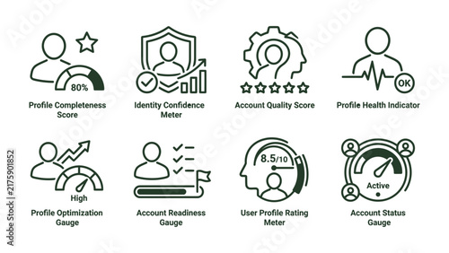 Foto User Profile Metrics Collection: A set of eight distinct line-art icons showcasing various user profile performance and status indicators, including completeness, confidence, quality, health