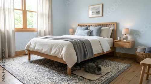 Cozy bedroom interior with wooden bed and soft blue walls