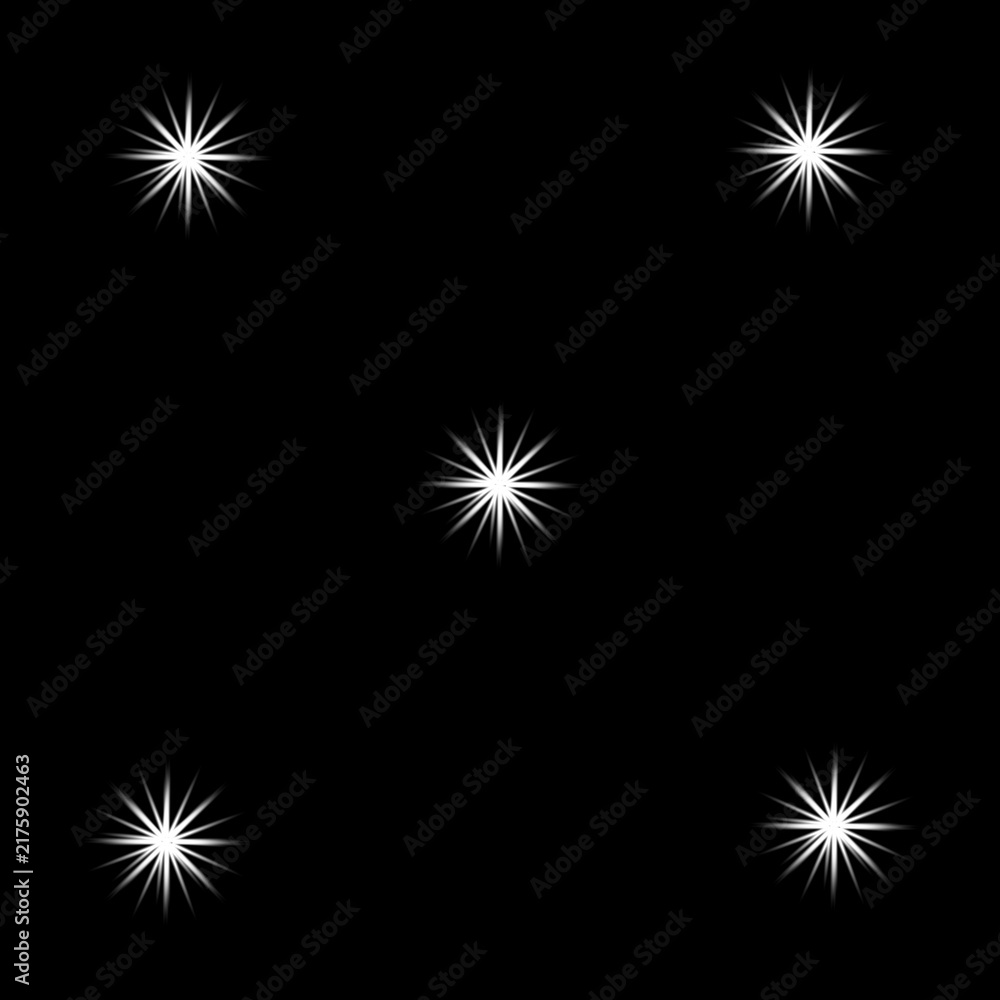 Fototapeta premium Glowing white star sparkles on black background, set of 5 bright light flares, radiant starburst vector elements for holiday design
