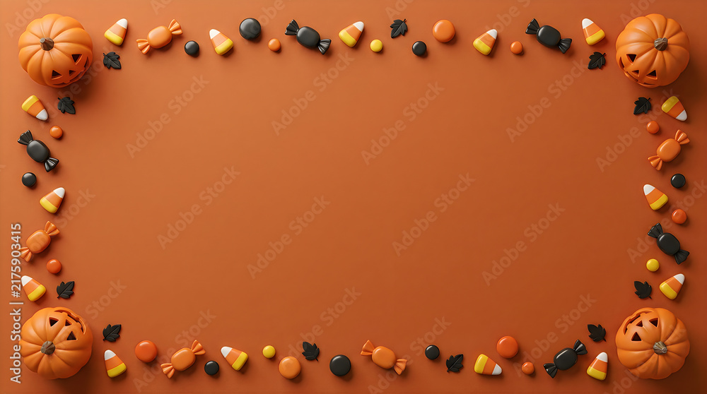 Fototapeta premium Flat lay of small pumpkins and assorted halloween candy arranged as a border on a solid orange background