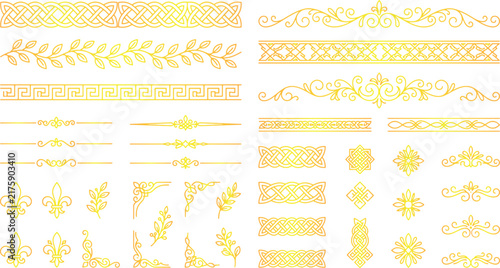 Set of golden decorative elements, borders, corners, and dividers