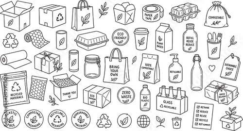 Large collection of sustainable packaging, eco packaging doodle