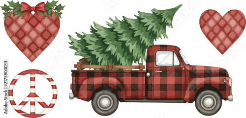 Watercolor illustration of a red buffalo plaid truck carrying a christmas tree with decorative hearts and a peace sign symbol