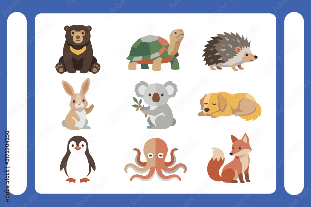 Fototapeta premium Cute Wild Animals Flat Vector Icon Set with Bear and Fox