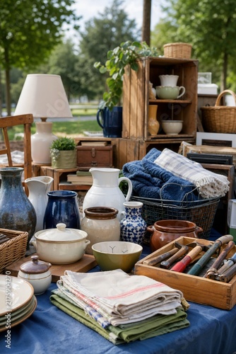 Secondhand items displayed on a table at an outdoor swap meet. Vintage pottery, folded linens, and old tools for sale at a flea market
