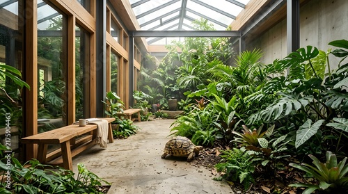 Indoor botanical garden with natural light and seating