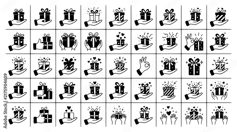 Obraz premium Set of gift box icons held in hands, collection of presents and delivery symbols for celebration and shopping commerce