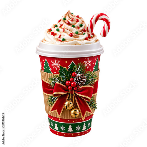 Festive holiday coffee cup with whipped cream and candy cane.