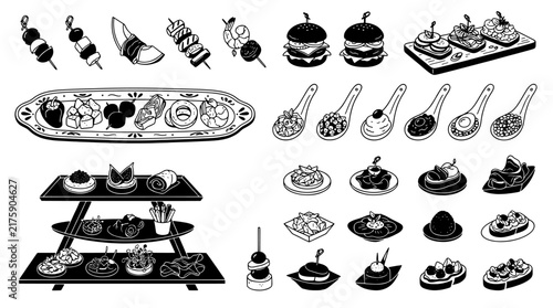Set of appetizers and finger food snacks including skewers, canapes, tapas and gourmet catering dishes for events