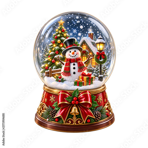 Charming snow globe with snowman and festive holiday decorations inside.