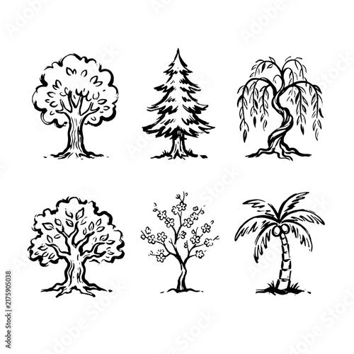 Tree Illustrated Icon Set in Brush Outline