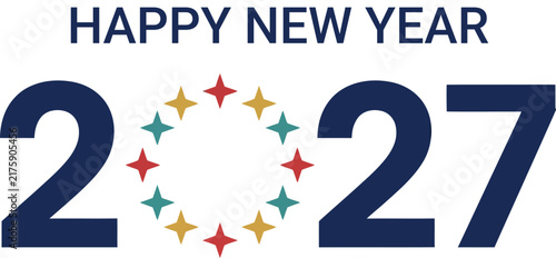 A festive happy new year 2027 greeting card design featuring dark blue bold numbers and colorful decorative star elements