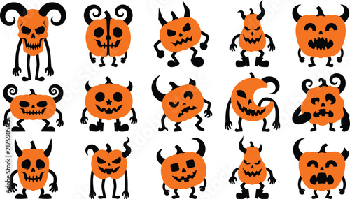 Set of cute hand drawn pumpkin monster characters for a fun and spooky halloween party celebration design