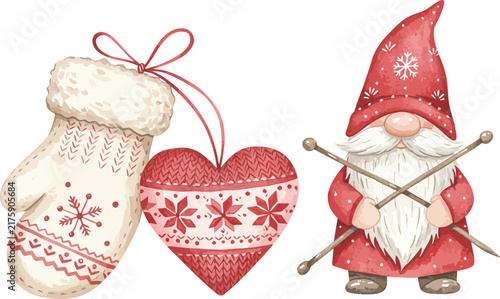 Watercolor illustration of a cute christmas gnome with a knitted white mitten and a red heart shaped holiday ornament decoration