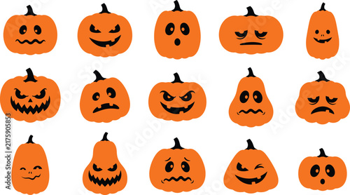 Set of fifteen funny orange carved pumpkins with various facial expressions for a festive halloween holiday background