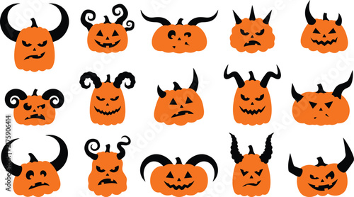 Set of fifteen spooky orange pumpkin heads with various black horns for a fun halloween party design