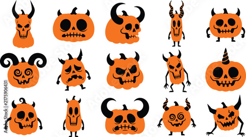 A collection of various spooky pumpkin characters with horns and scary faces for a fun halloween design