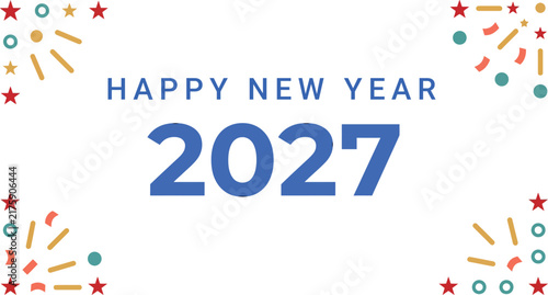 Happy new year 2027 greeting card design featuring blue bold numbers and colorful festive confetti on a white background