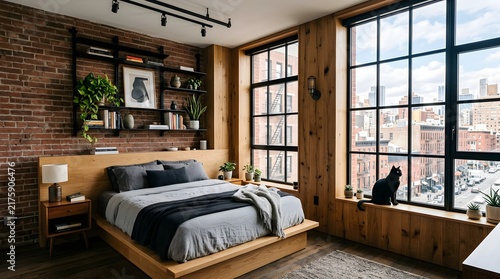 Modern bedroom with natural light and urban view