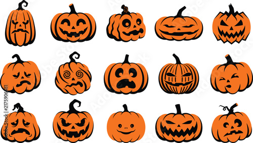 A collection of various hand drawn orange pumpkin jack o lanterns for your festive halloween holiday design projects