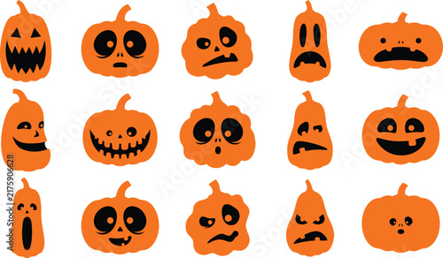 Set of various hand drawn carved pumpkin faces for a fun and spooky halloween holiday design project
