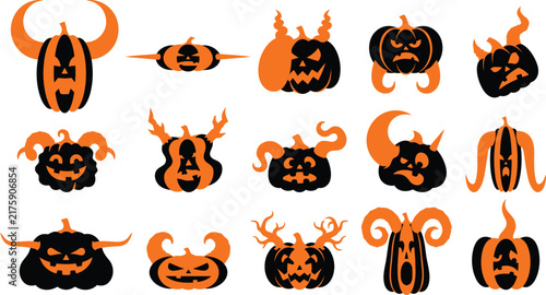 Set of various spooky halloween pumpkin characters with horns and scary faces for holiday party decoration designs