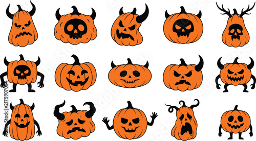 A collection of hand drawn spooky pumpkin characters with various scary expressions for a fun halloween celebration