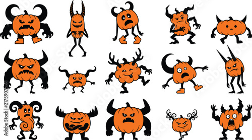 Set of cute cartoon pumpkin monster characters for a fun and spooky halloween party design project
