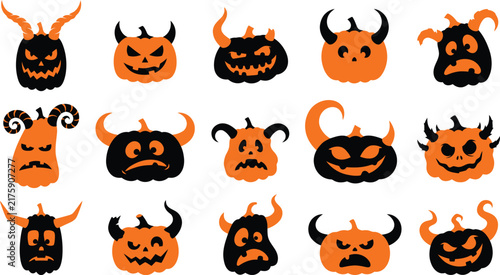 Set of fifteen spooky carved pumpkins with horns for a festive and scary halloween holiday celebration design