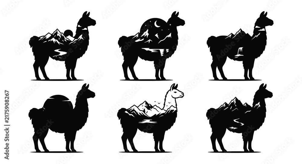 Naklejka premium Llama silhouettes feature mountain landscapes within their forms vector illustration