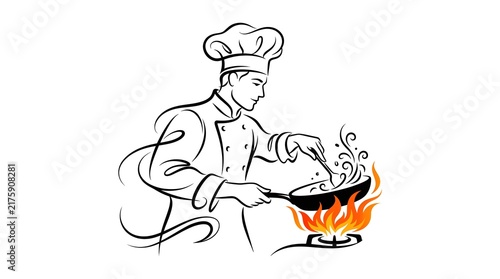 Chef Line Art Stirring Pan Over Cooking Flame, Illustration