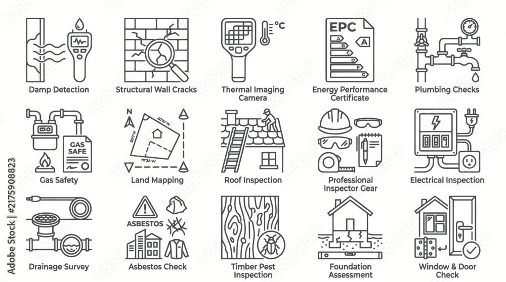 Fototapeta premium Home inspection services and building survey icons.