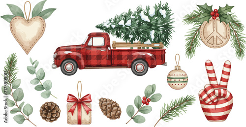 Watercolor christmas collection featuring a red plaid truck carrying a pine tree with festive ornaments and winter greenery elements