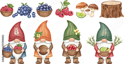 Watercolor illustration set featuring cute forest gnomes with baskets of fresh berries mushrooms and a wooden stump on white background