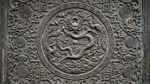 Ancient Chinese Dragon and Phoenix Bronze Relief Carving