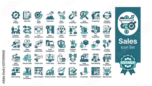  Sales icons set, sales strategy, sales plan, sales target, sales goal, sales funnel, lead generation, prospecting, Web icon, App icon, Outline icon, Editable stroke, line art, Vector EPS