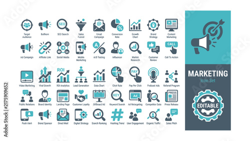  Marketing icons set, target audience, conversion rate, content marketing, mobile marketing, market research, Web icon, App icon, Outline icon, Editable stroke, line art, Vector EPS