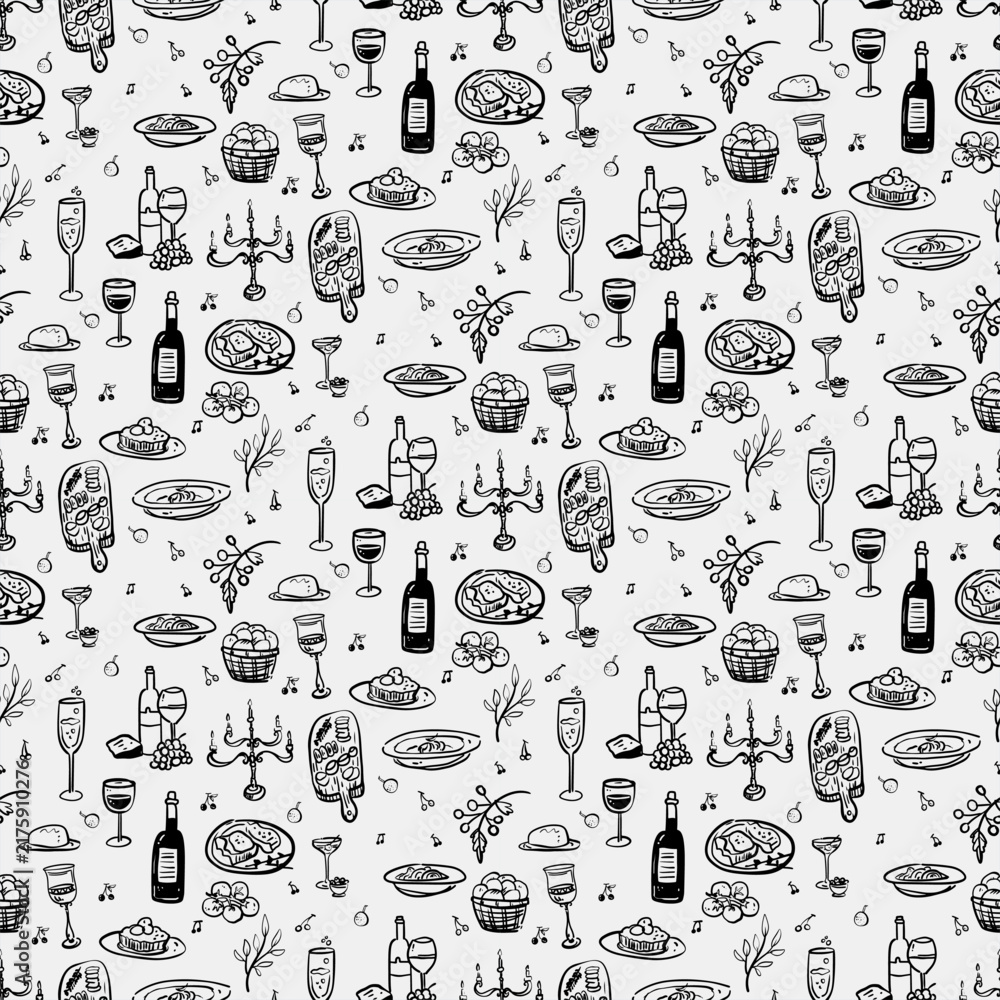 Obraz premium Hand-Drawn Seamless Pattern with Wine Bottles Glasses and Gourmet Food Doodles. Elegant Black and White Culinary Background for Restaurant Menu and Kitchen Textile Design.