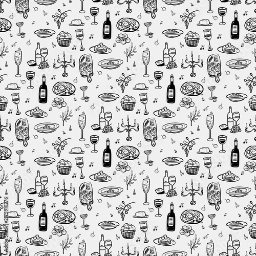 Hand-Drawn Seamless Pattern with Wine Bottles Glasses and Gourmet Food Doodles. Elegant Black and White Culinary Background for Restaurant Menu and Kitchen Textile Design.