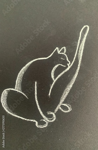 A cat licking its paw. A minimalist drawing with white pencil on black paper.