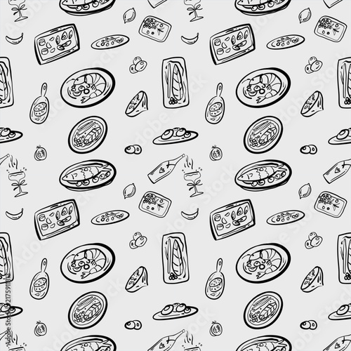 Seamless Hand Drawn Mediterranean Seafood and Tapas Pattern Background for Restaurant Menu Design