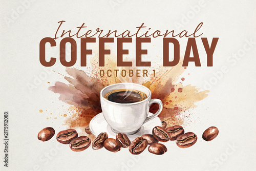 International coffee day poster concept with a white cup and coffee beans