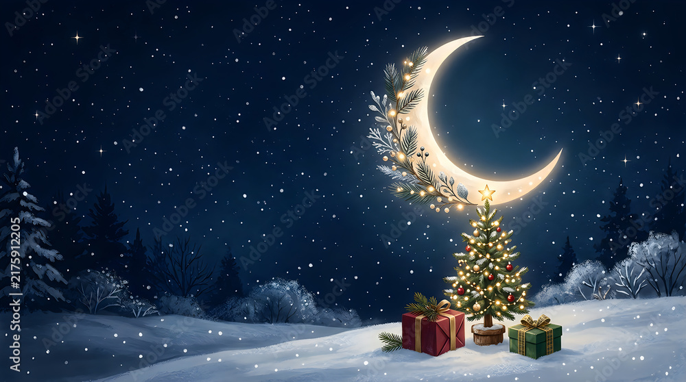 Obraz premium Beautiful crescent moon over snowy christmas forest with decorated tree and presents