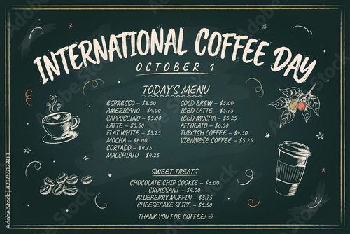 International coffee day chalkboard menu illustration with drink prices